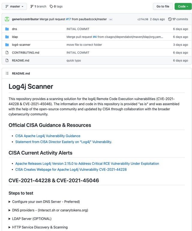 CISA已发布Apache Log4j漏洞扫描器 